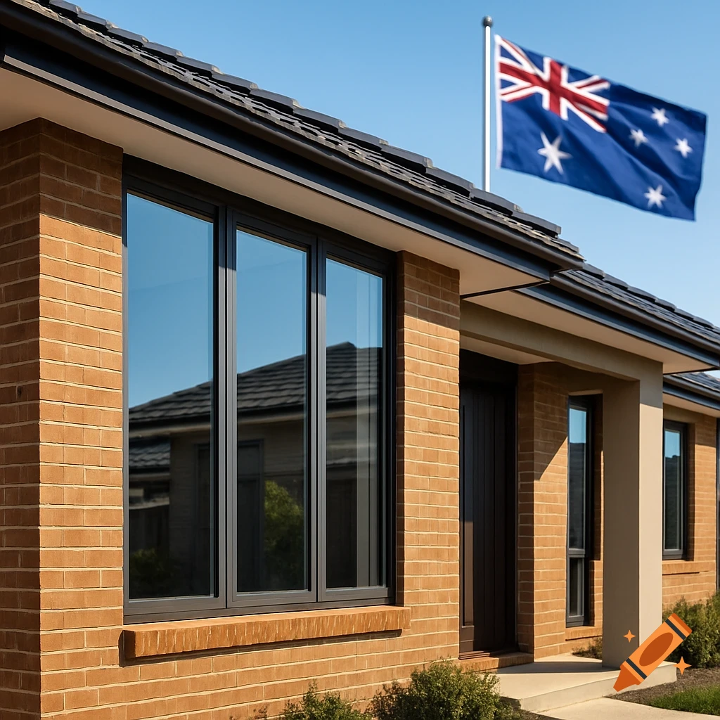 A modern brick house with large dark-framed windows and an Australian flag flying above.