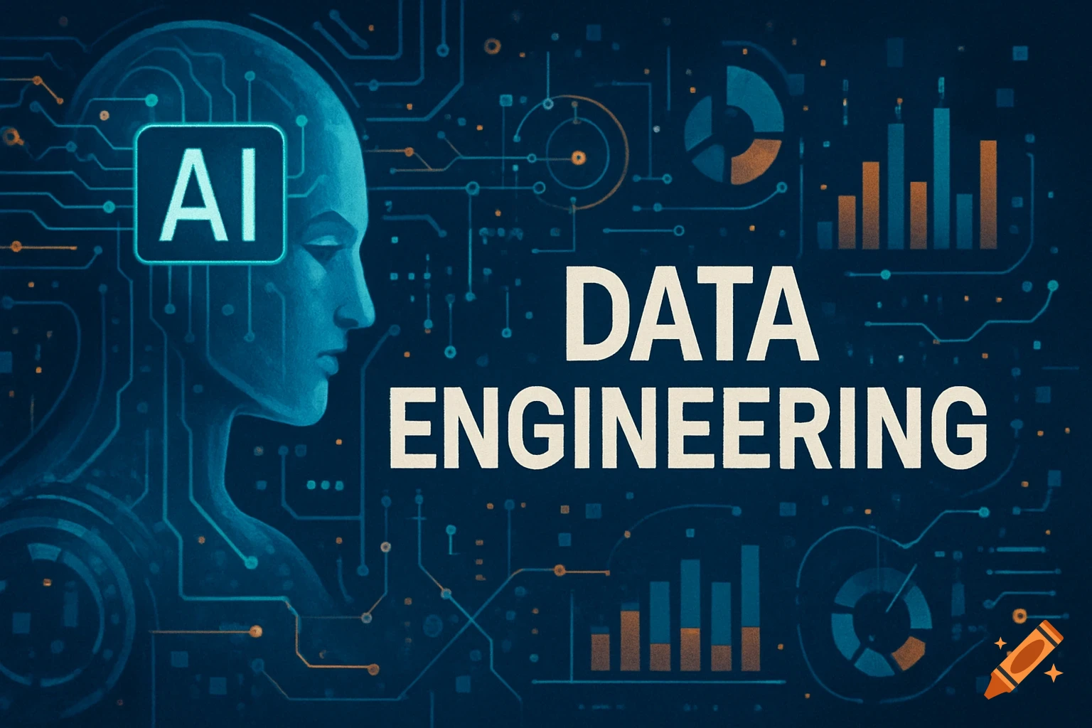 Stylized AI head with circuitry, text 'DATA ENGINEERING', charts, and graphs on a dark background.