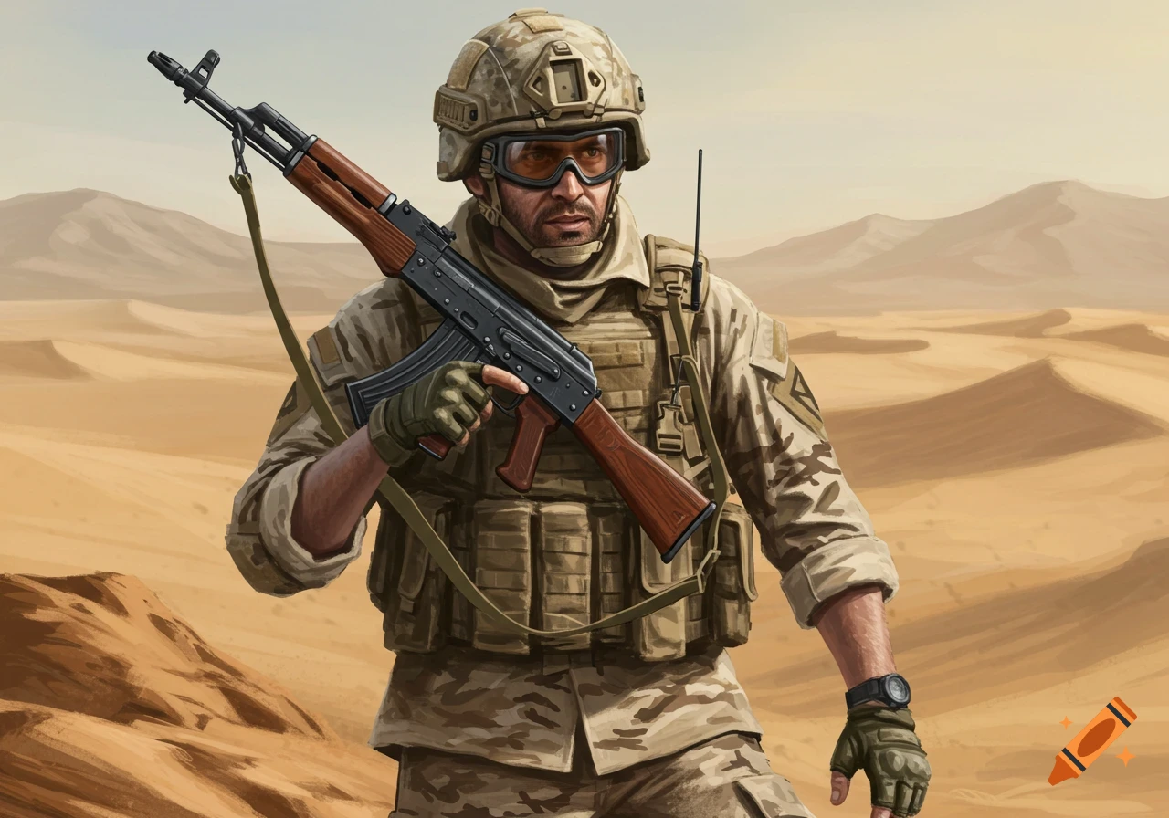 Illustration of a soldier in desert camo holding an AK-47 in a desert.