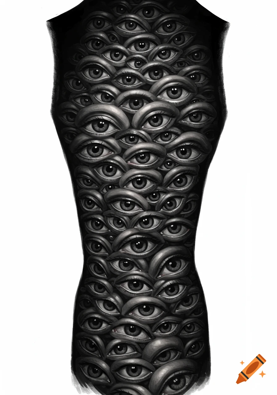 A person's torso covered in a dark tattoo pattern of many detailed eyes.