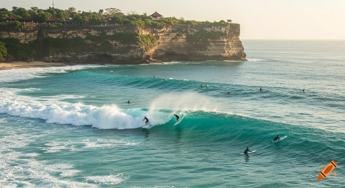Retro photo of surfers riding waves near cliffs and a beach in Bali