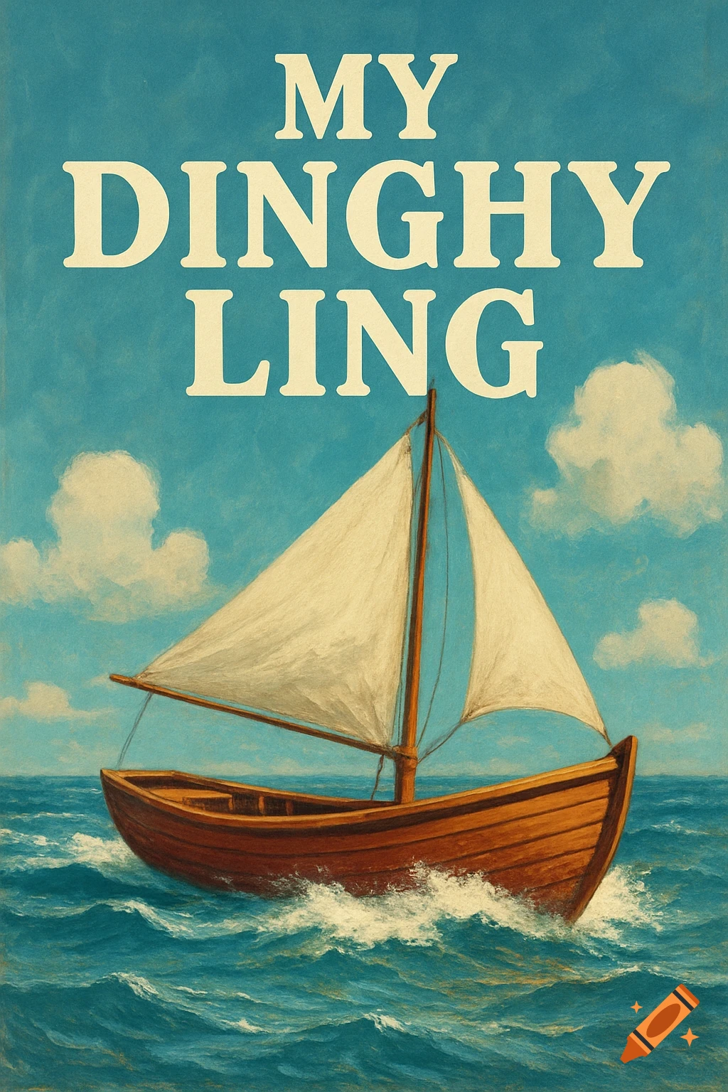 Painting of a sailboat on the sea with the text 'MY DINGHY LING' at the top.