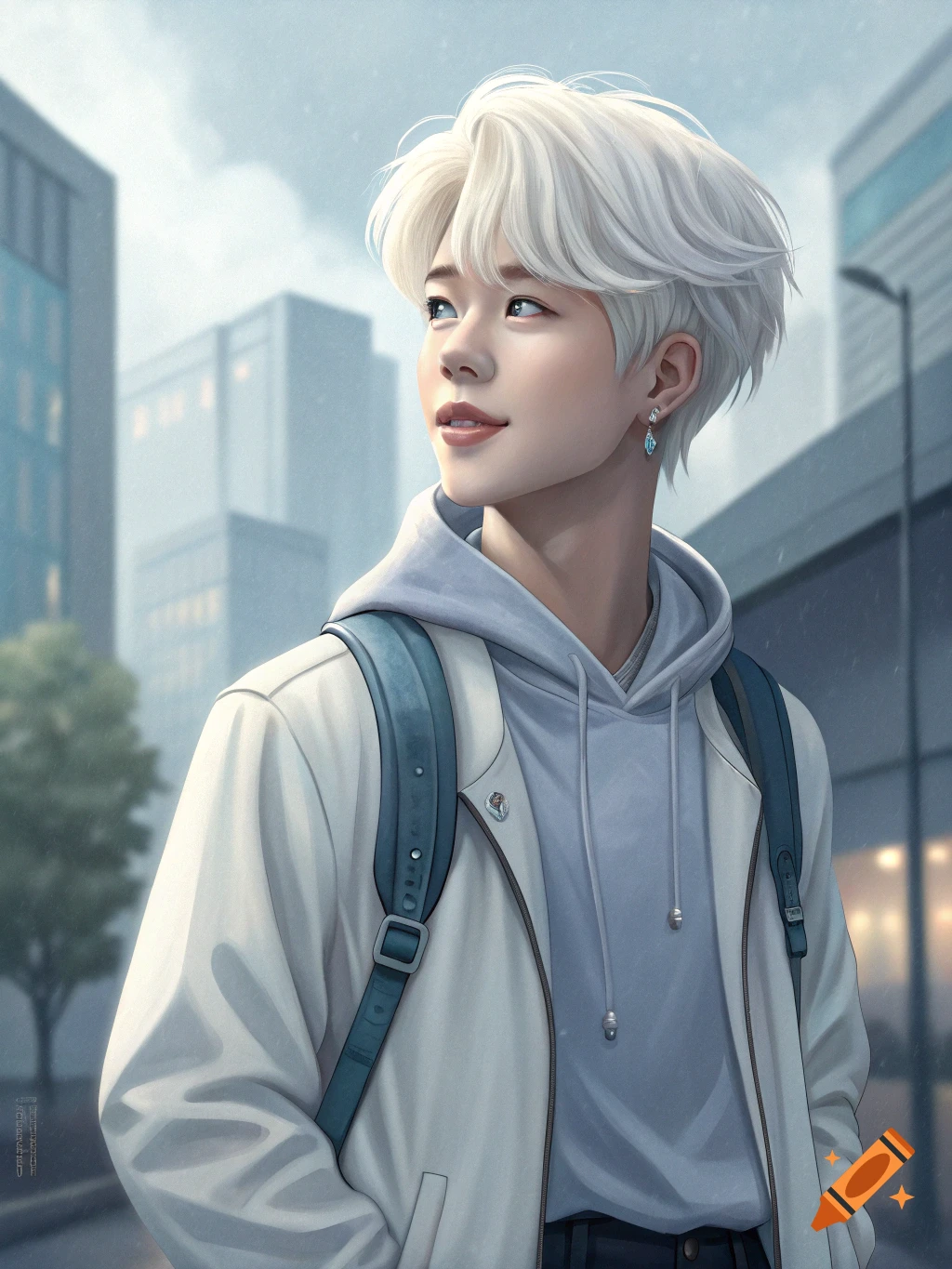 Illustration of a person with white hair in a white jacket and backpack looking up in a city street.