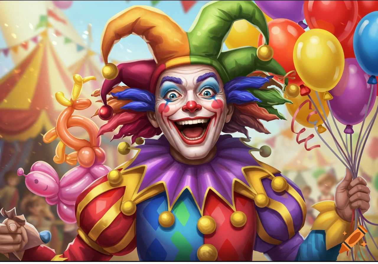 A colorful jester holds a bunch of balloons and balloon animals at a carnival.