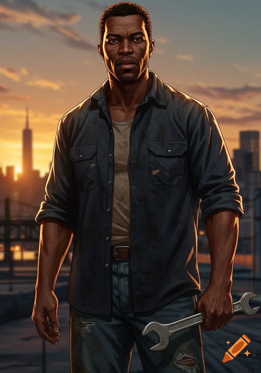 Illustration of an African American man holding a wrench, standing in front of a city skyline at sunset.