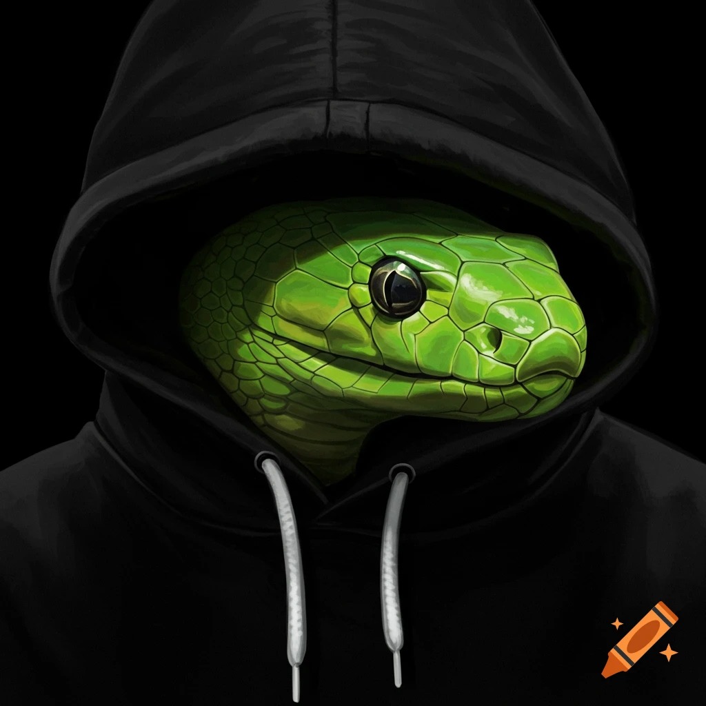 A close-up illustration of a green snake head wearing a black hooded sweatshirt.