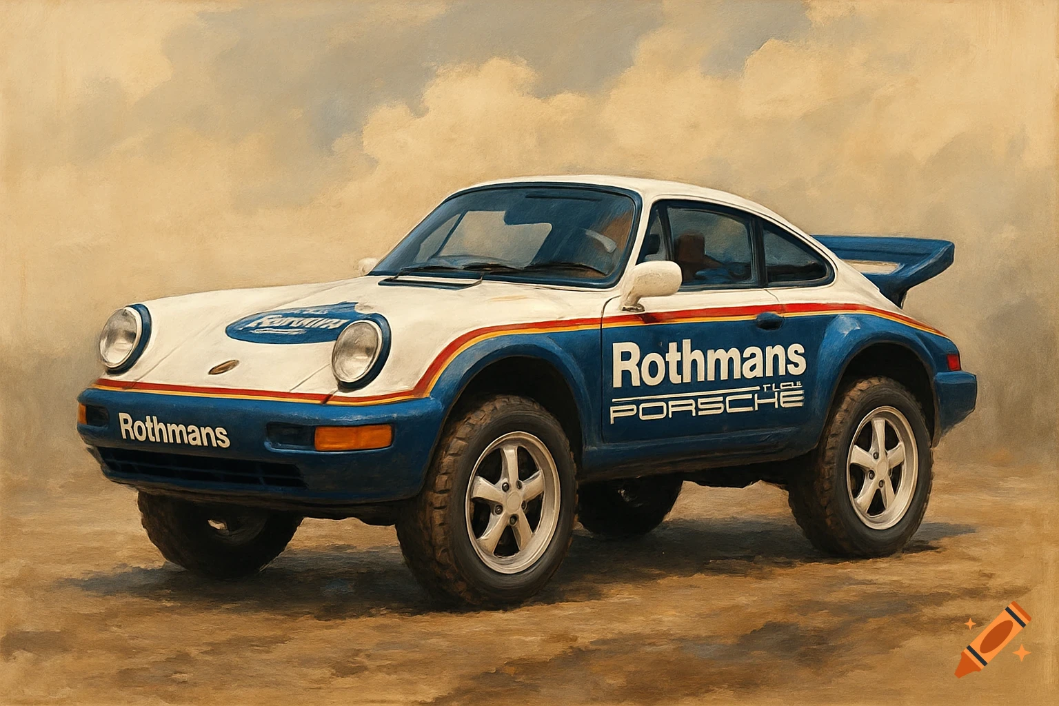 Painting of a white, blue, and red Porsche 911 rally car with Rothmans livery, raised suspension, and 5-spoke wheels on a dirt road.