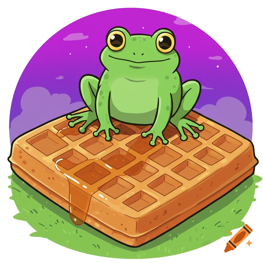 Cartoon frog sitting on a syrup-covered waffle against a purple sky.
