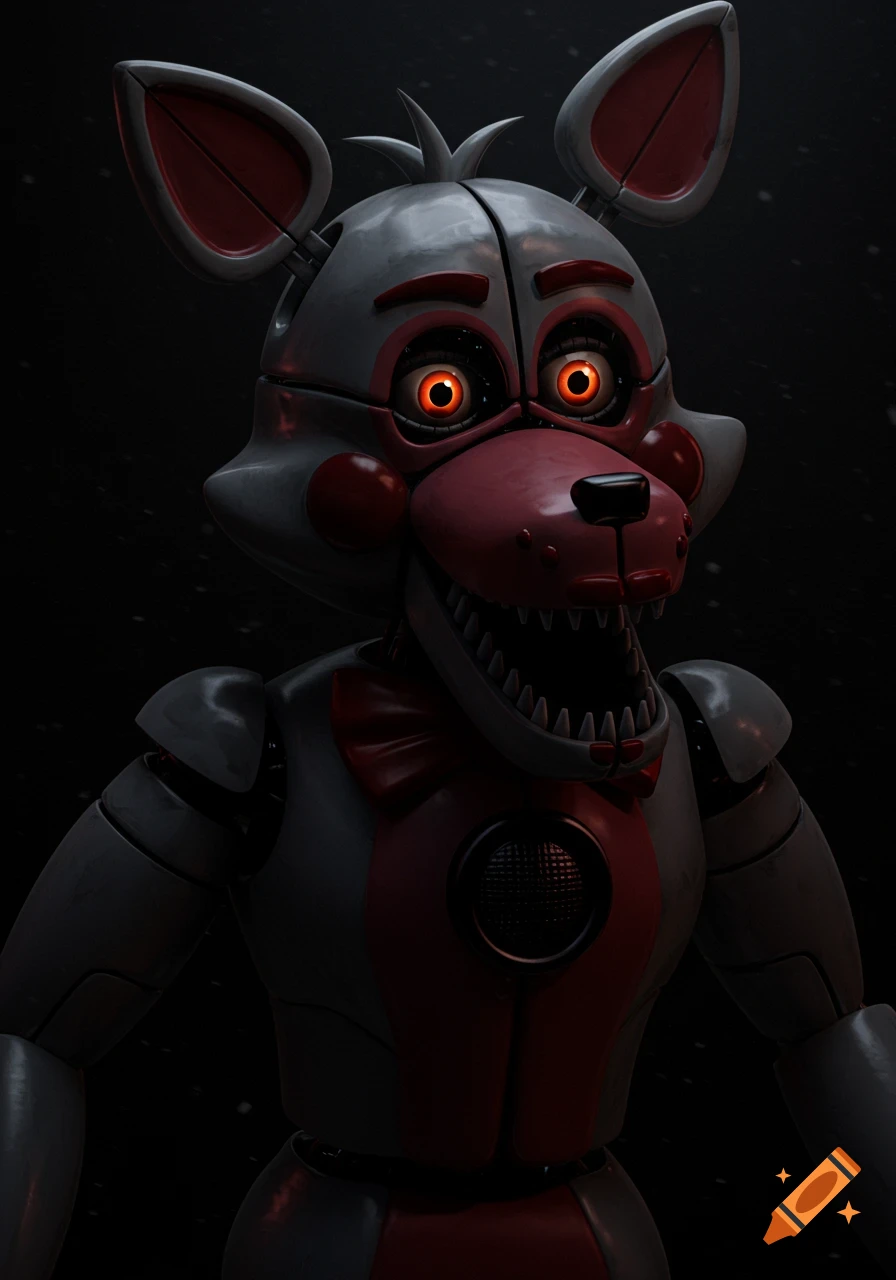 Close-up portrait of a white and red animatronic robot with glowing orange eyes and sharp teeth.