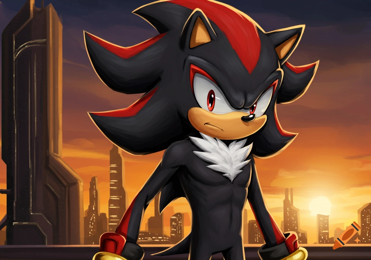 Shadow the Hedgehog stands in front of a cityscape at sunset