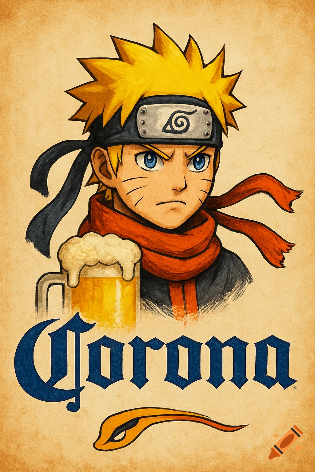 Illustration of Naruto holding a beer mug with the Corona logo below
