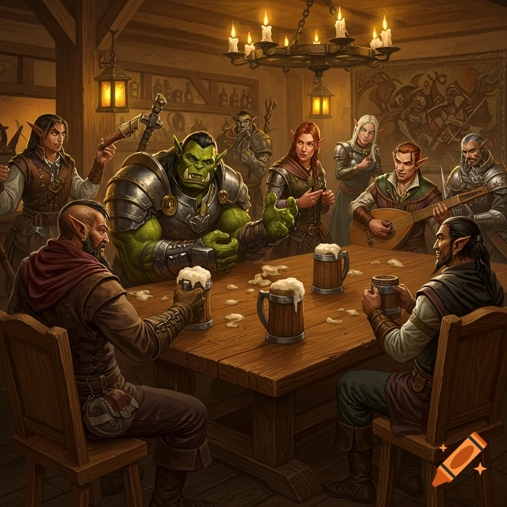 Fantasy characters including an orc and elves drinking beer at a wooden table in a lively tavern.