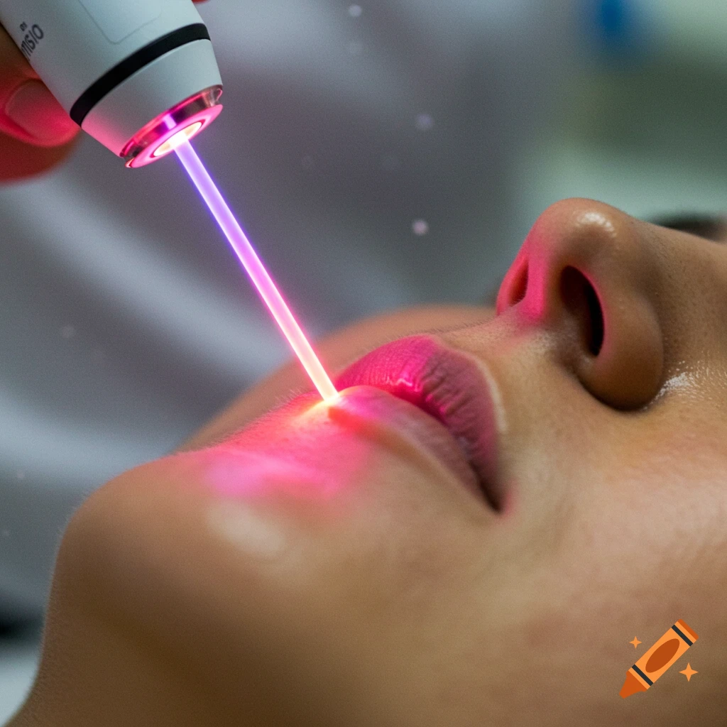 Close-up of a person's upper lip receiving treatment from a glowing pink laser device, photorealistic.