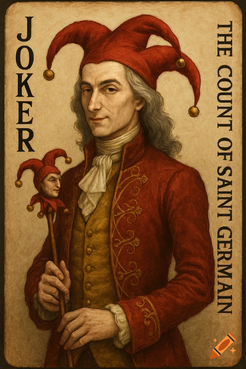 Portrait of a man in a red and gold jester costume on a joker playing card, holding a staff. Text: JOKER, THE COUNT OF SAINT GERMAIN.