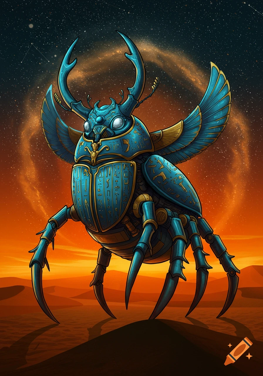 Illustration of a blue and gold mechanical scarab beetle in a desert at night.