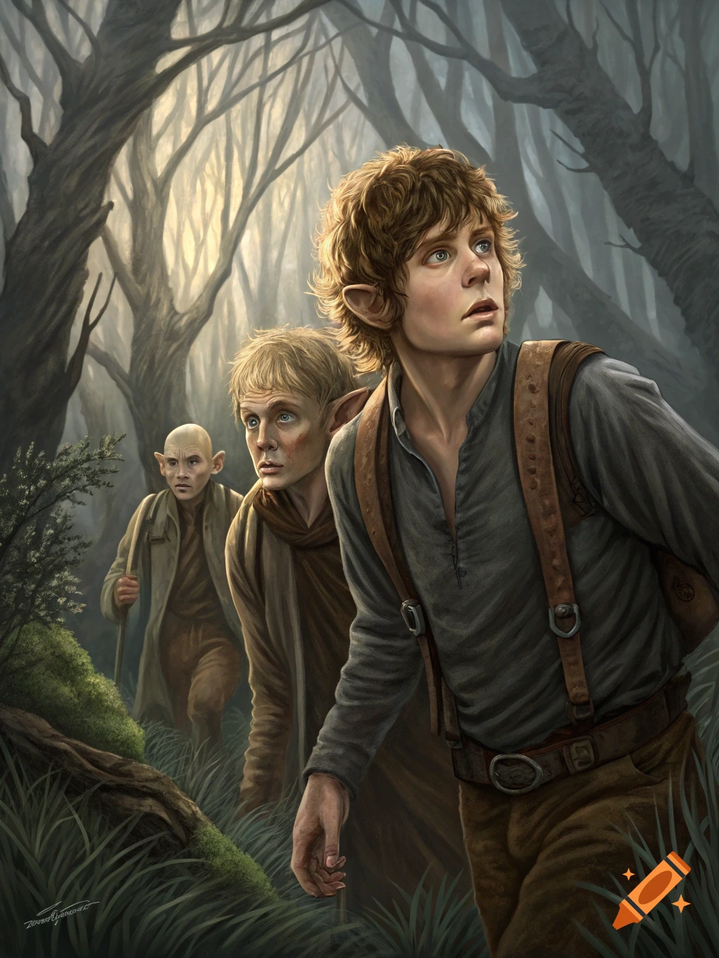 Three figures walk through a misty forest.