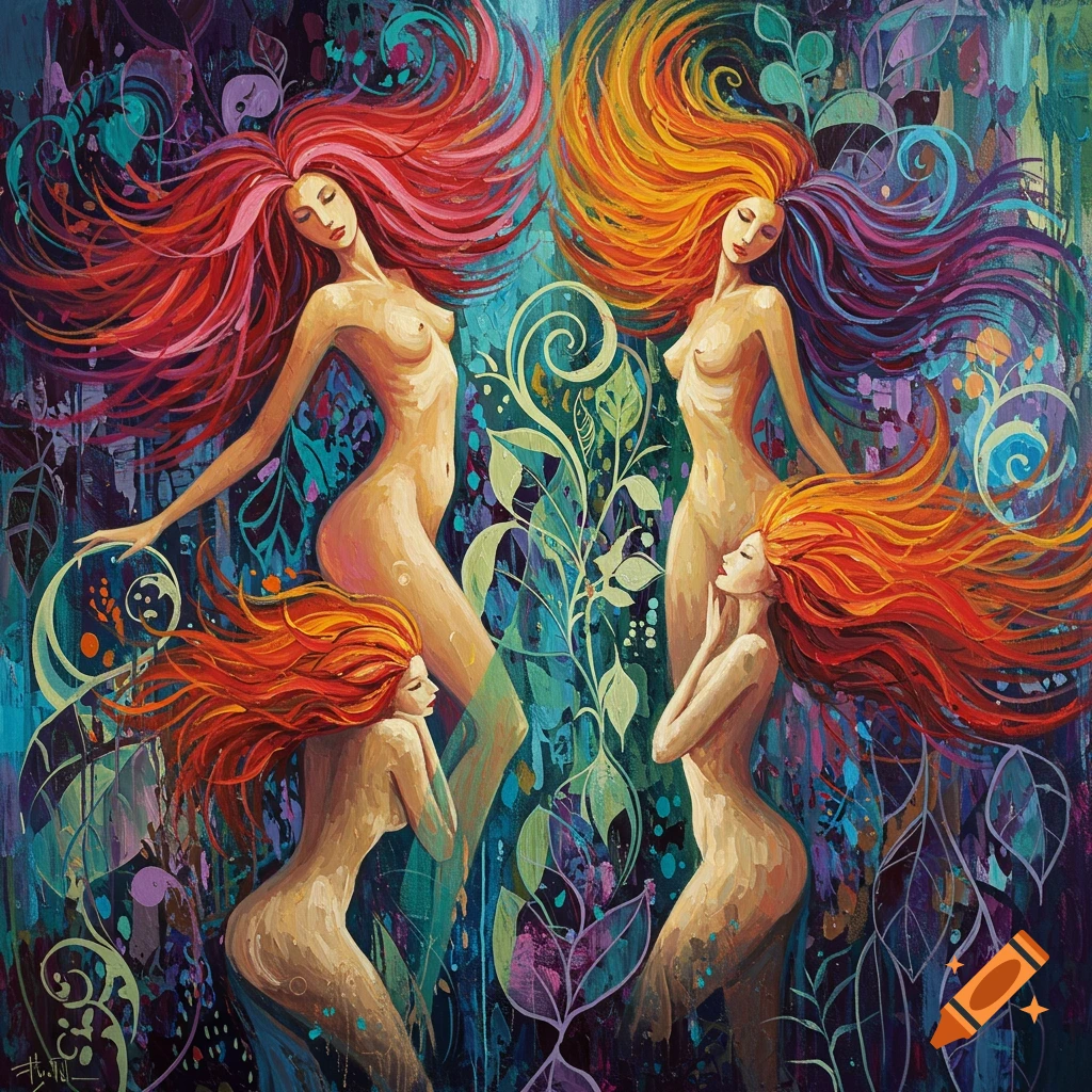 Abstract painting of four nude women with colorful hair among leaves and swirls.