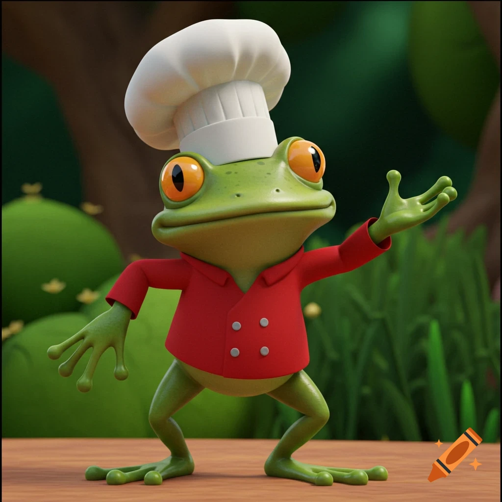 A cartoon frog wearing a chef's hat and red jacket stands with one hand raised.