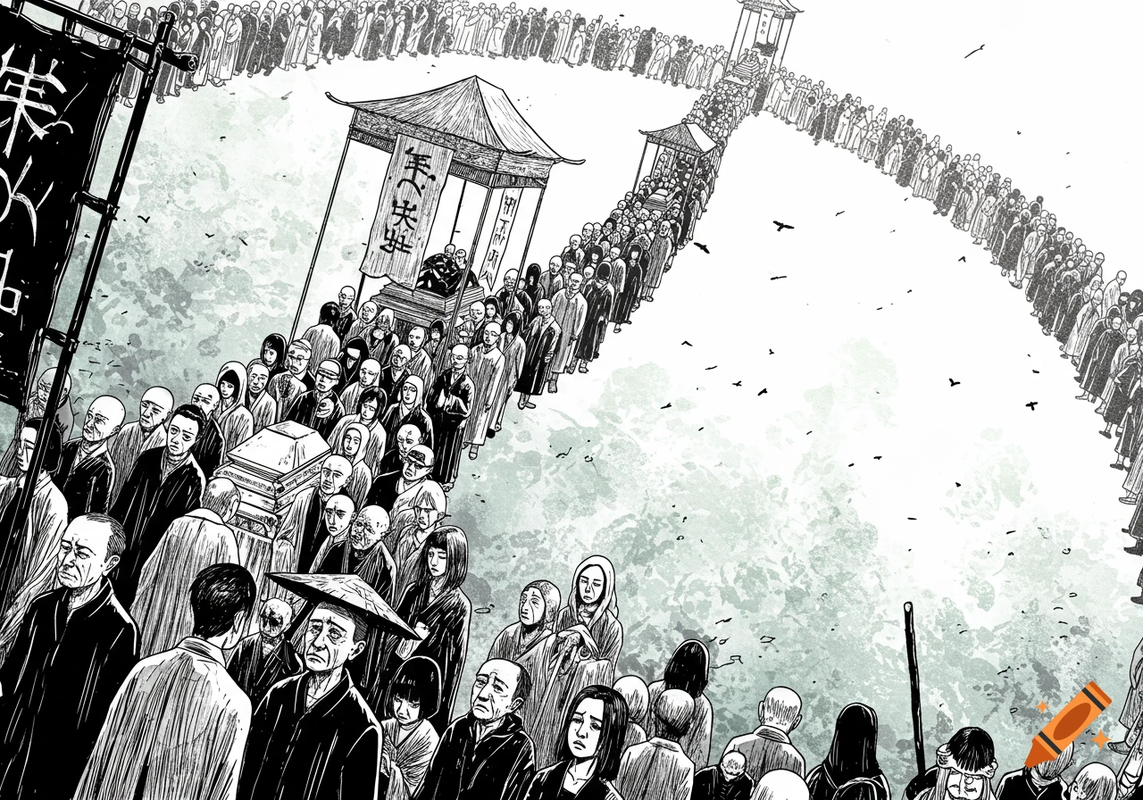 A long funeral procession with many mourners depicted in a line art style.