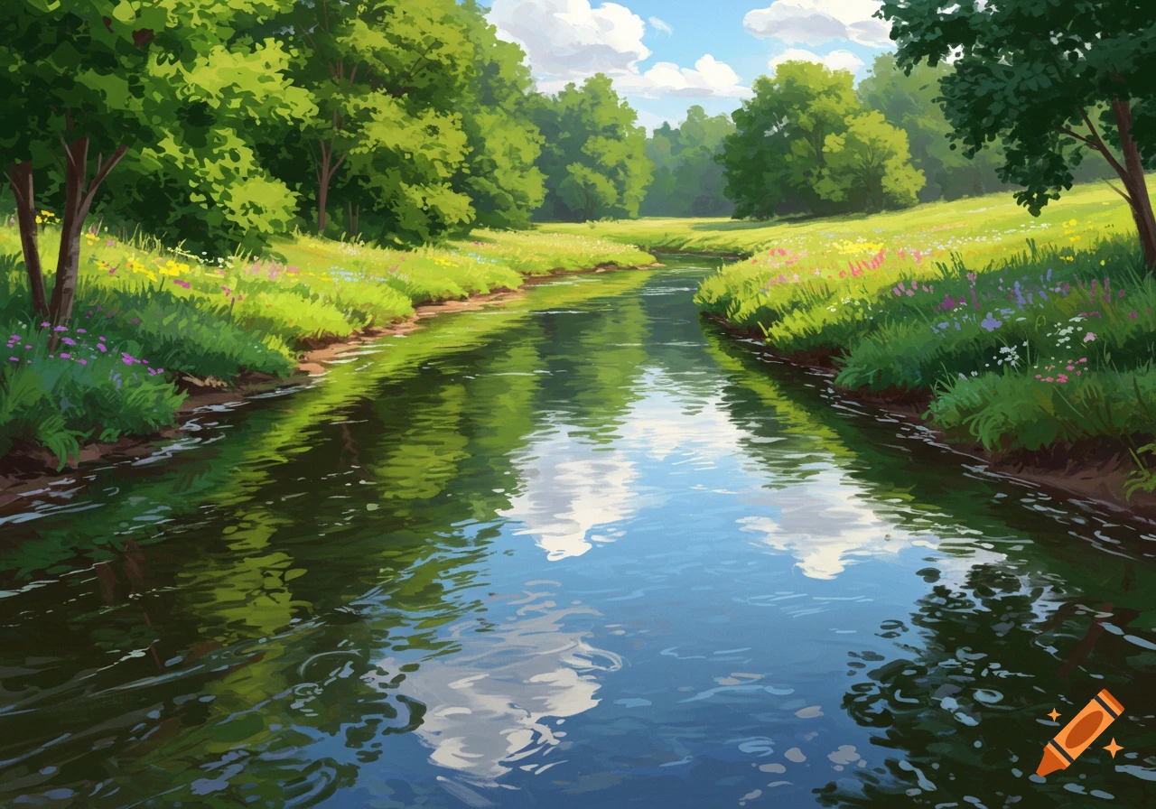 A river flows through a lush green valley with trees and flowers in a painterly style.