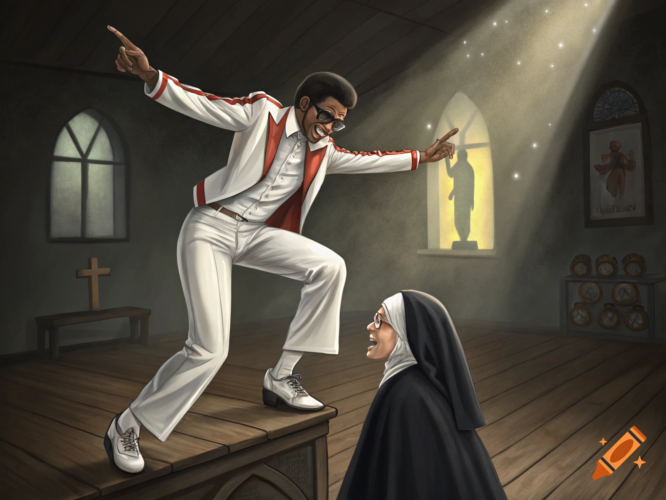 Illustration of a man in a suit dancing on an altar, pointing at a nun in a church.