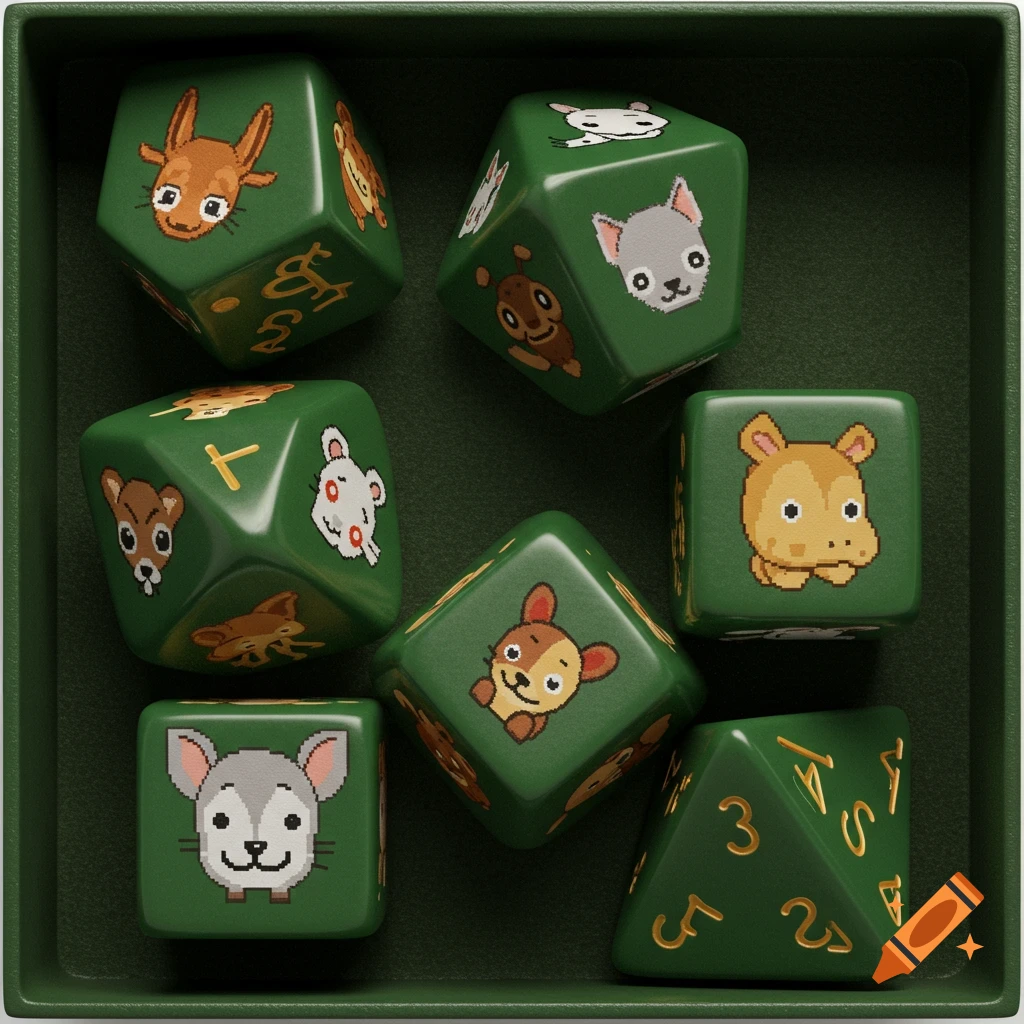 A collection of green dice with pixel art animal faces and golden numbers in a green tray.