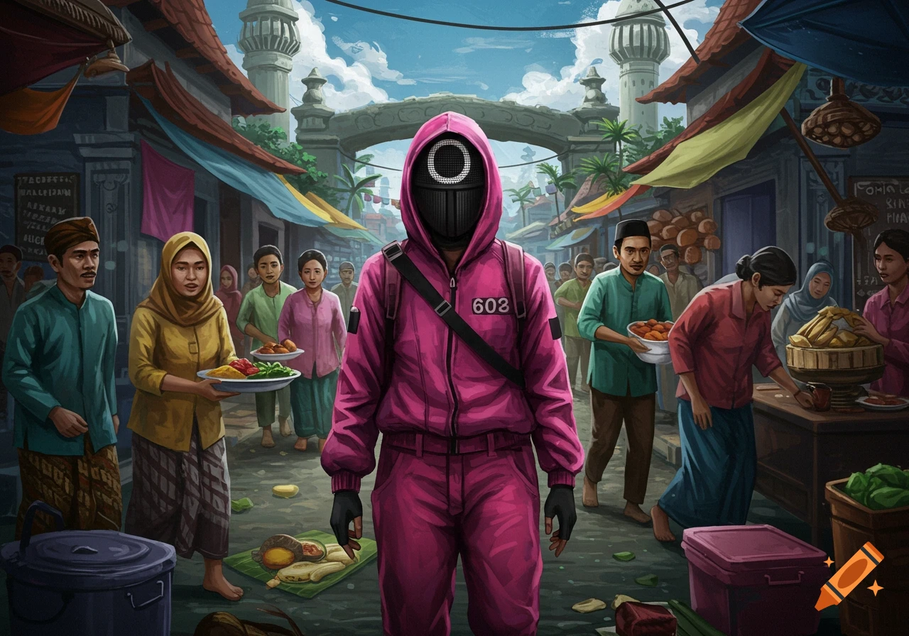 Squid Game guard in pink suit standing in a busy market street with people carrying food, illustration.