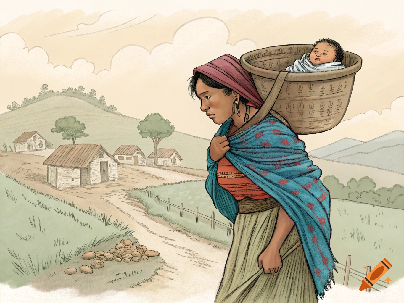Illustration of Indigenous woman carrying baby in basket, walking on path through village.