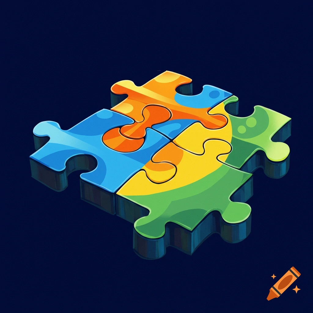 A stylized, colorful four-piece jigsaw puzzle.