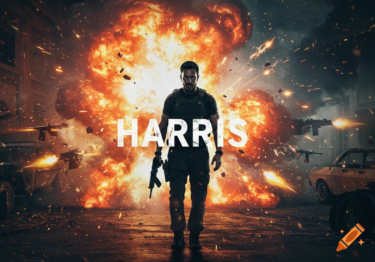Man standing center of explosion and gunfire with HARRIS text overlaid