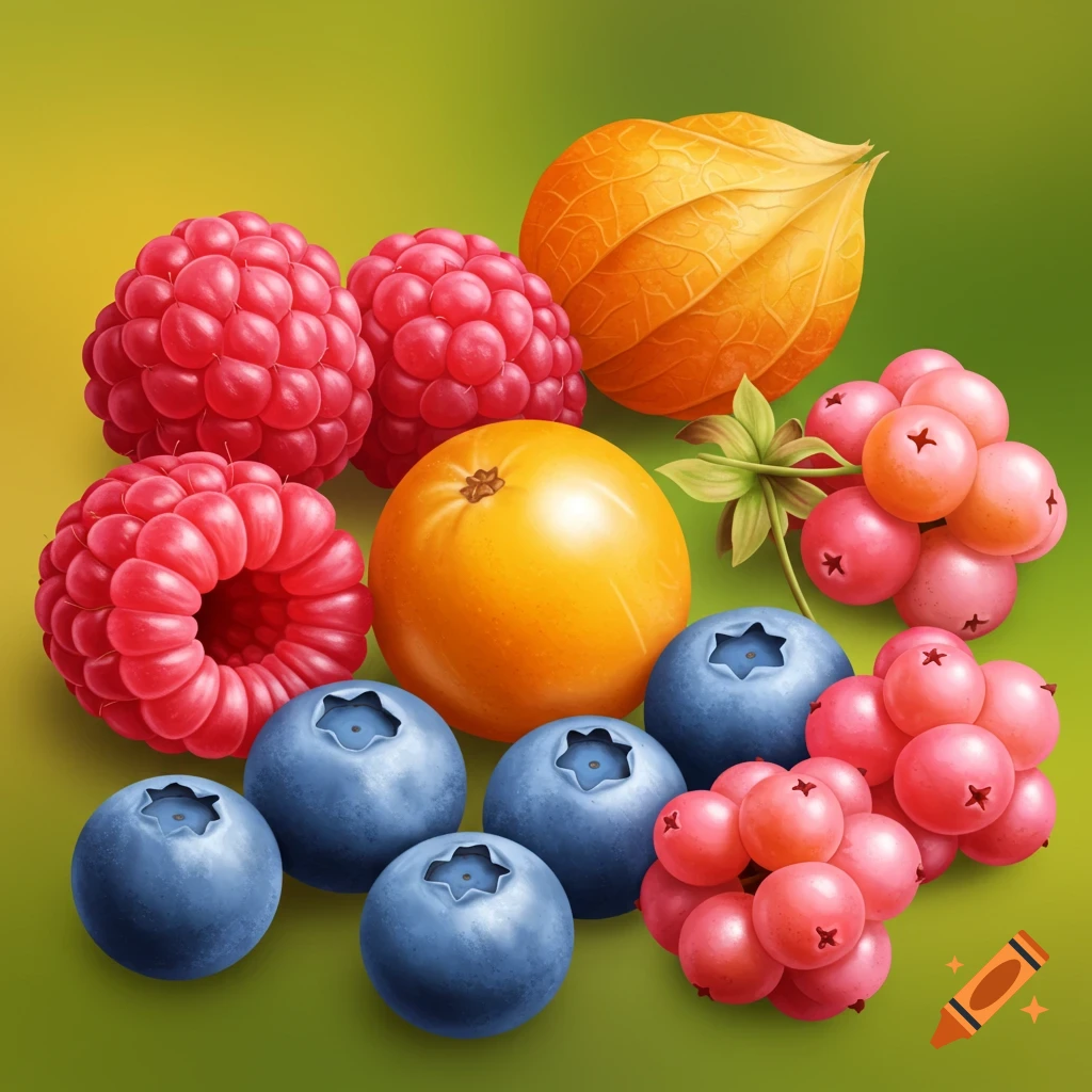 Close-up of a pile of raspberries, blueberries, a physalis, and red berries.