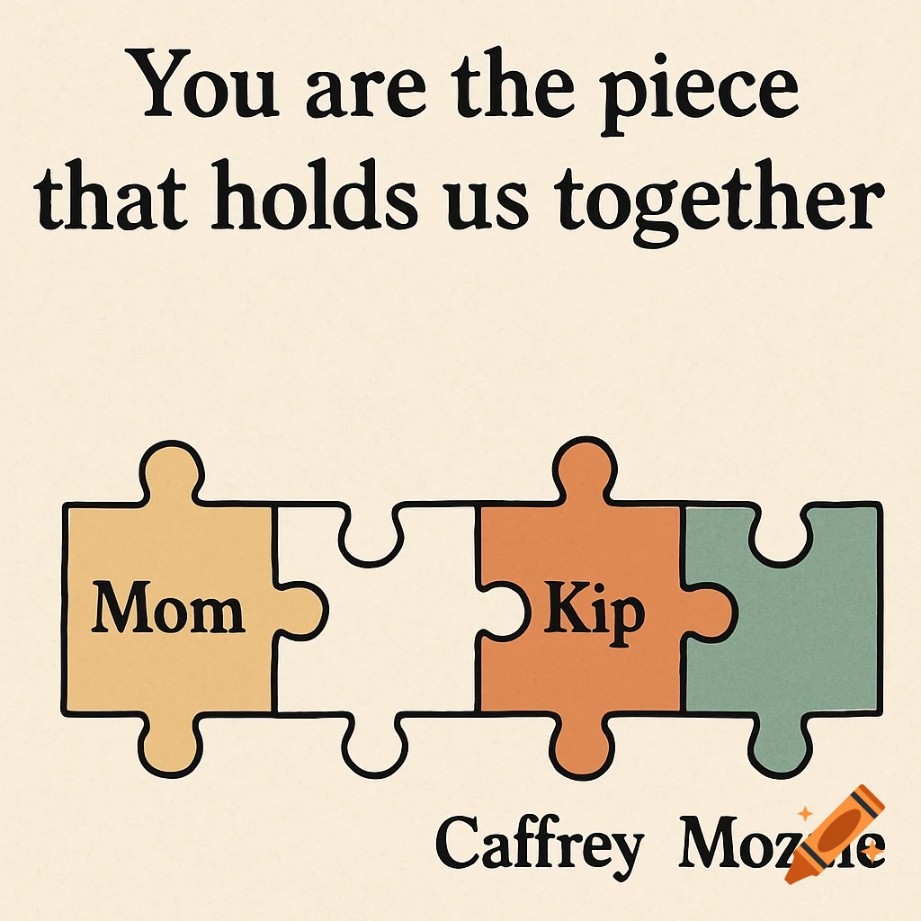 Graphic with text "You are the piece that holds us together" above four connected puzzle pieces. Three pieces are colored (orange, white, orange) and have names "Mom" and "Kip". The fourth piece is blank (green). Names "Caffrey" and "Mozzie" are below the puzzle pieces.