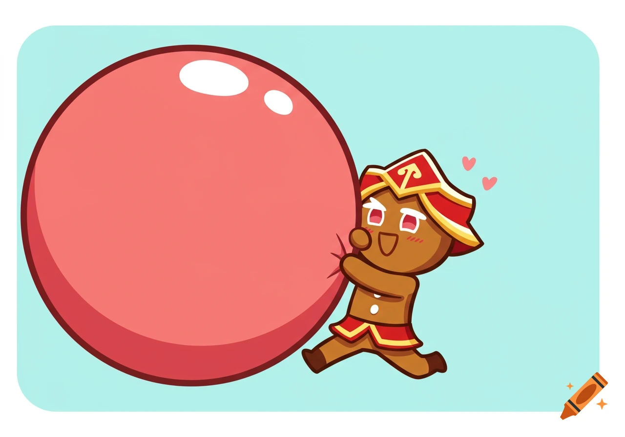 Cartoon of Cookie Run character Gingerbrave blowing a large pink balloon.