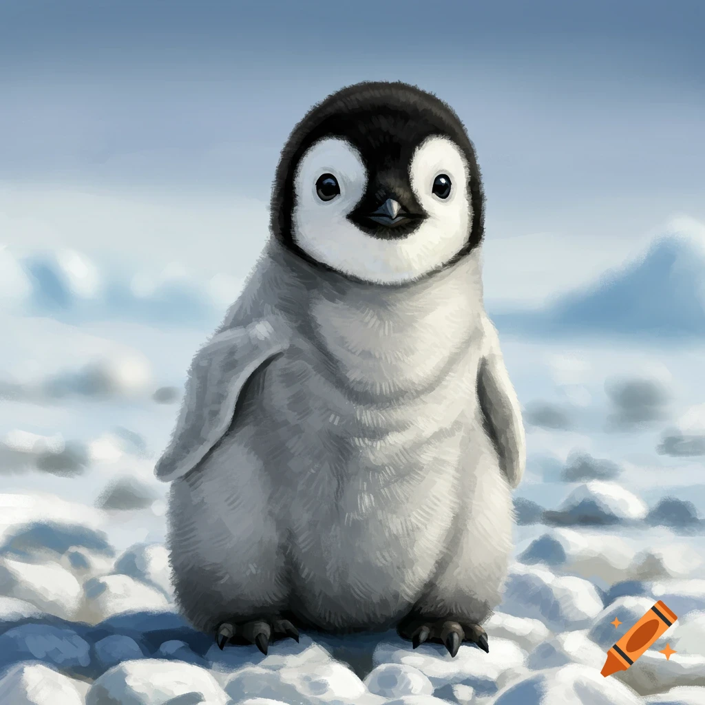 A cute baby penguin stands on rocky snow in a painterly style.