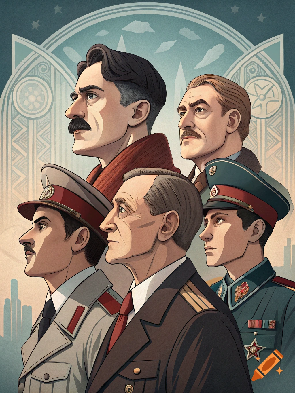 Cartoon illustration of five men in historical uniforms
