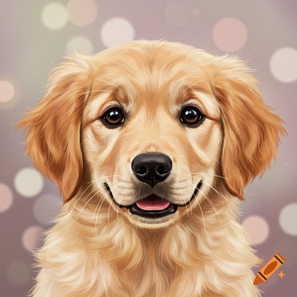 Digital painting of a smiling golden retriever puppy with bokeh background.