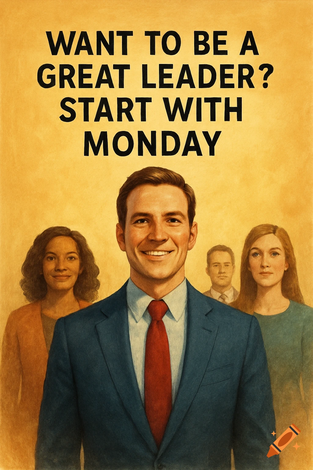 A group of diverse people in business attire with the text 'WANT TO BE A GREAT LEADER? START WITH MONDAY' above them in a poster style.