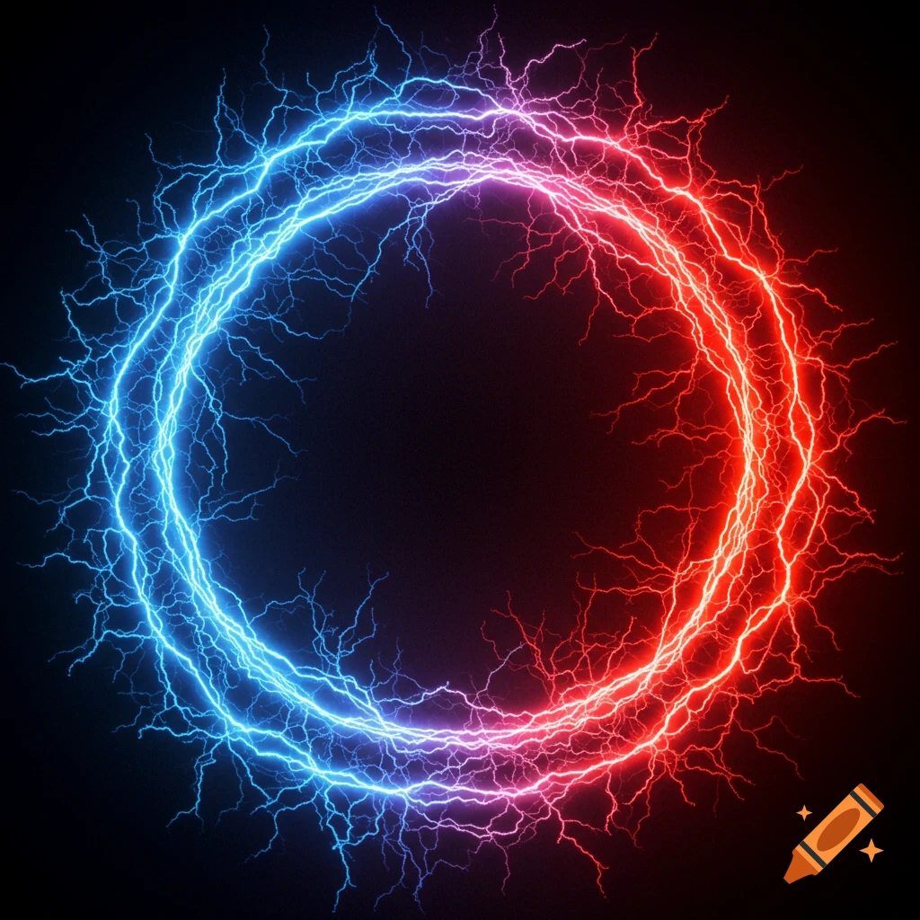 A circle of swirling blue and red lightning on a black background.