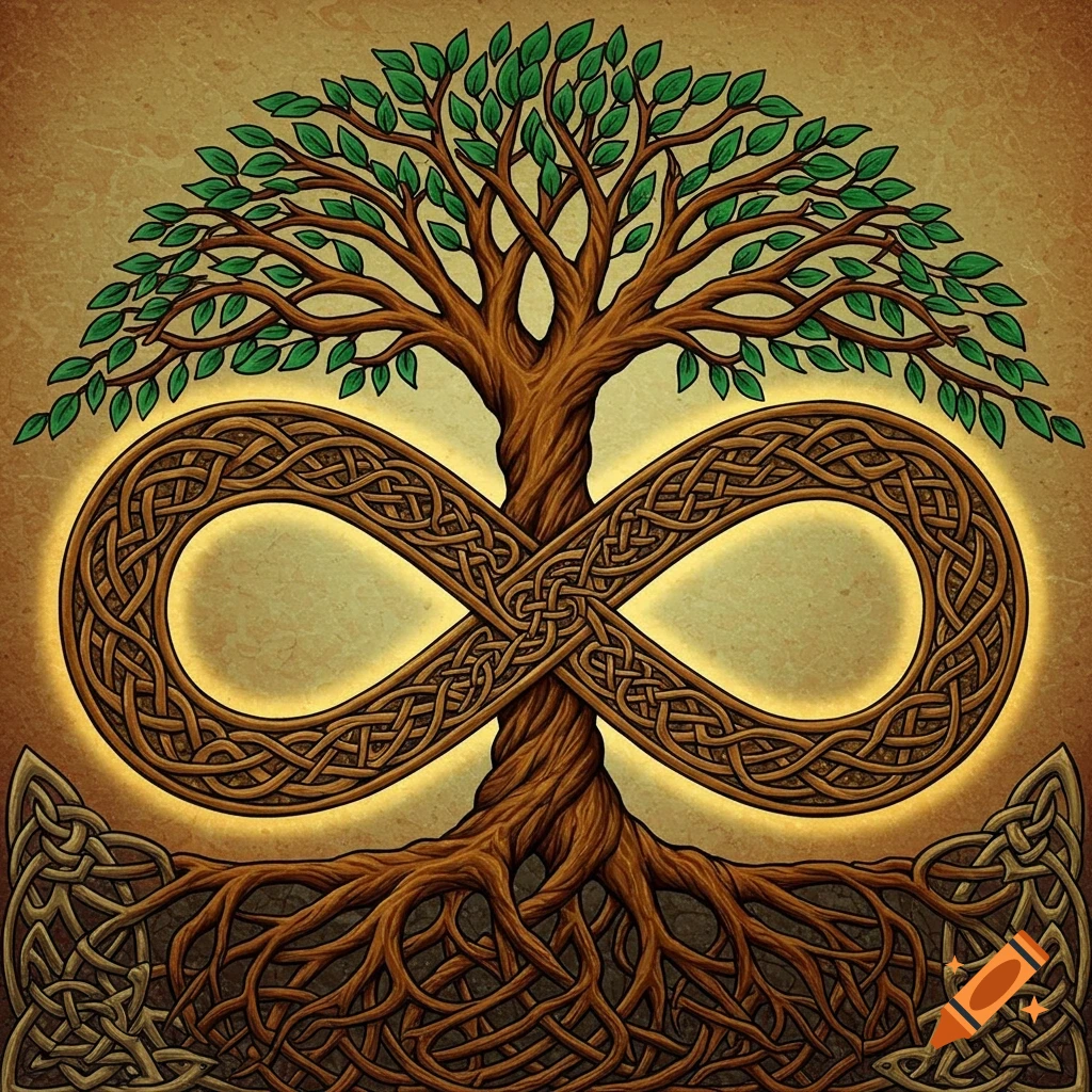 Celtic tree intertwined with an infinity symbol of knots, with roots and knotwork borders.