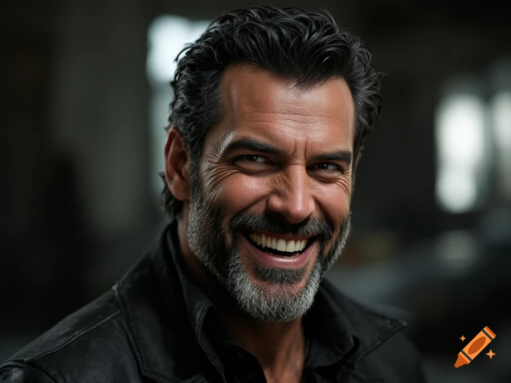 Close-up photorealistic portrait of a smiling man with dark hair and graying beard wearing a black jacket.
