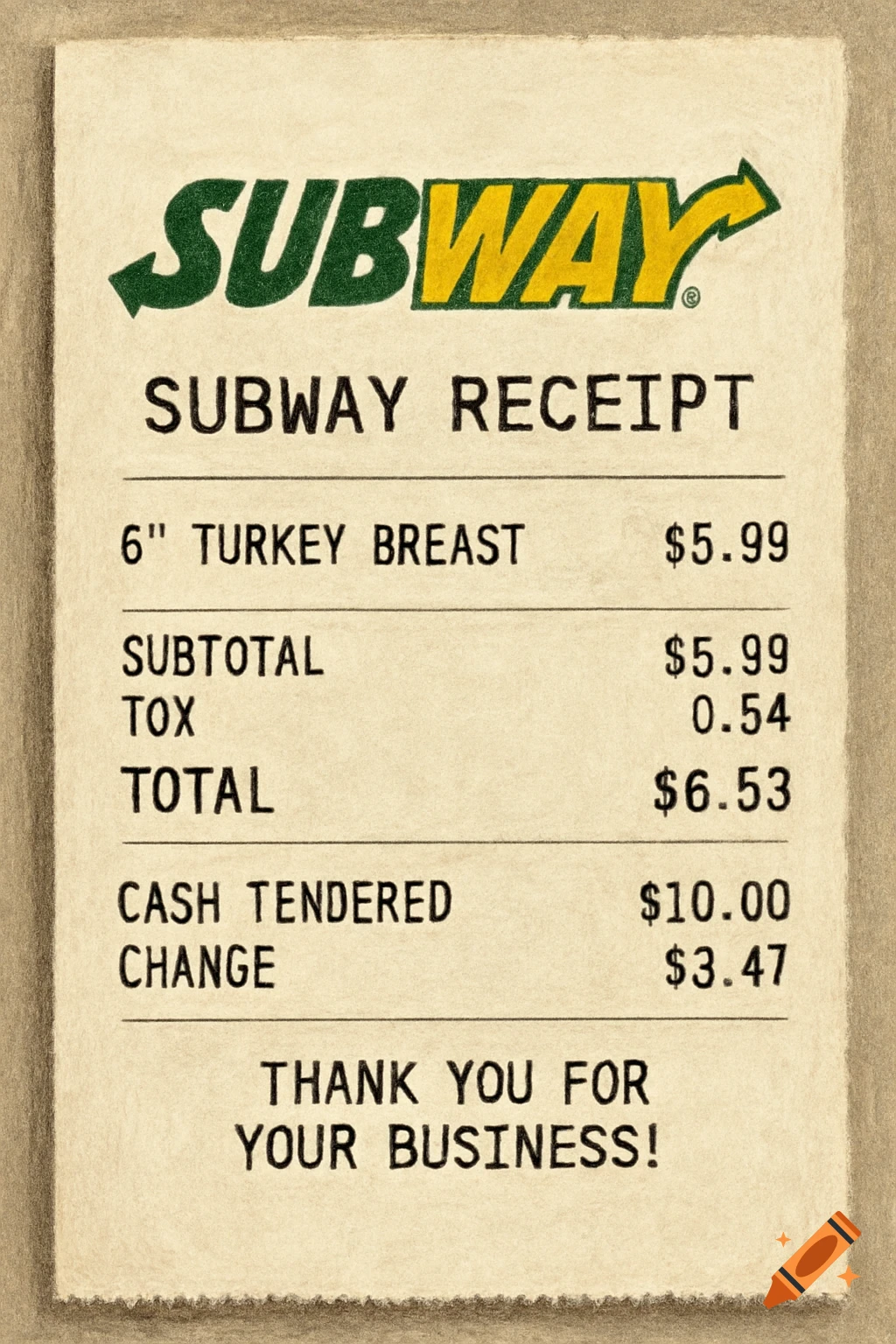 Drawing of a Subway receipt