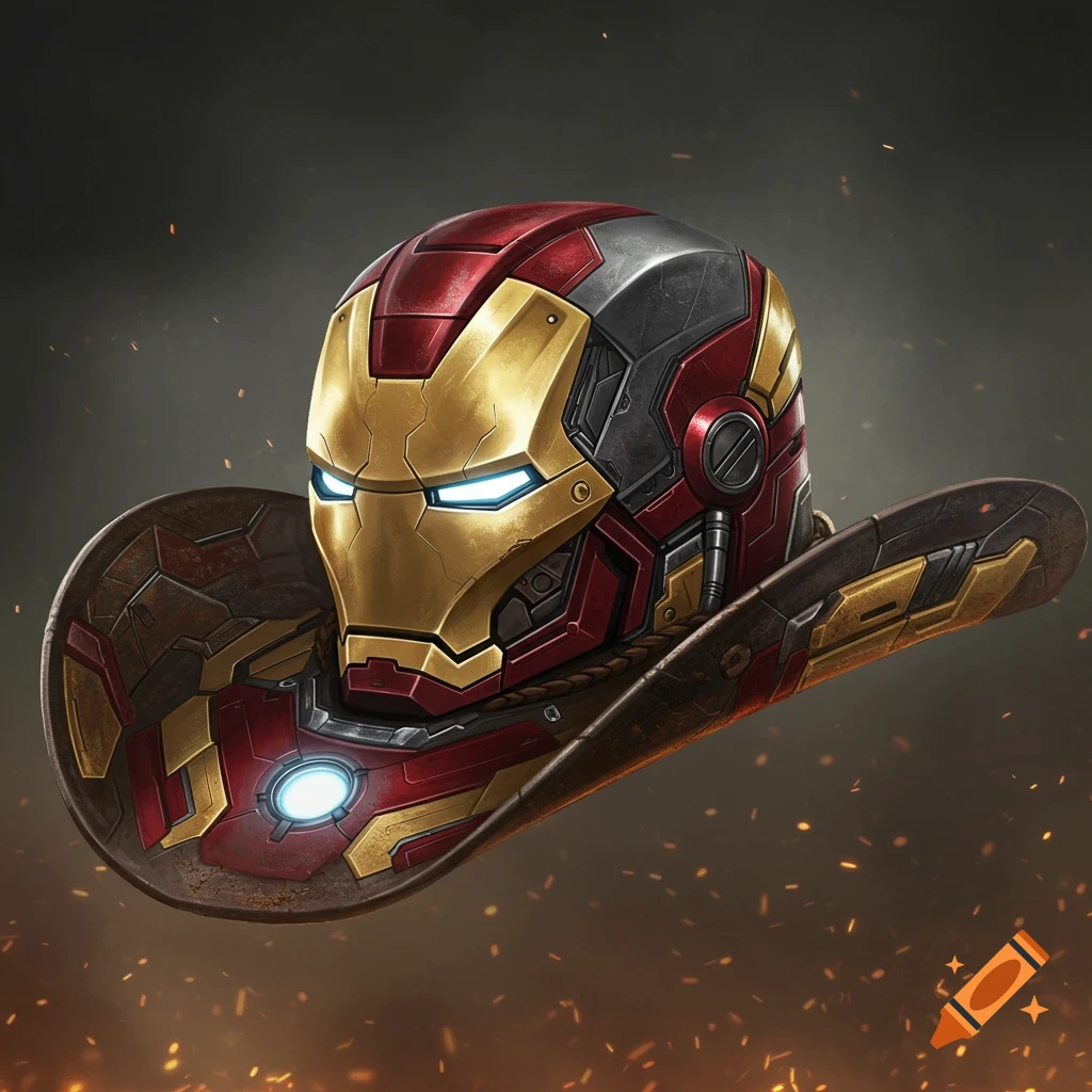 Cowboy hat designed like Iron Man's helmet and armor with glowing eyes and arc reactor.