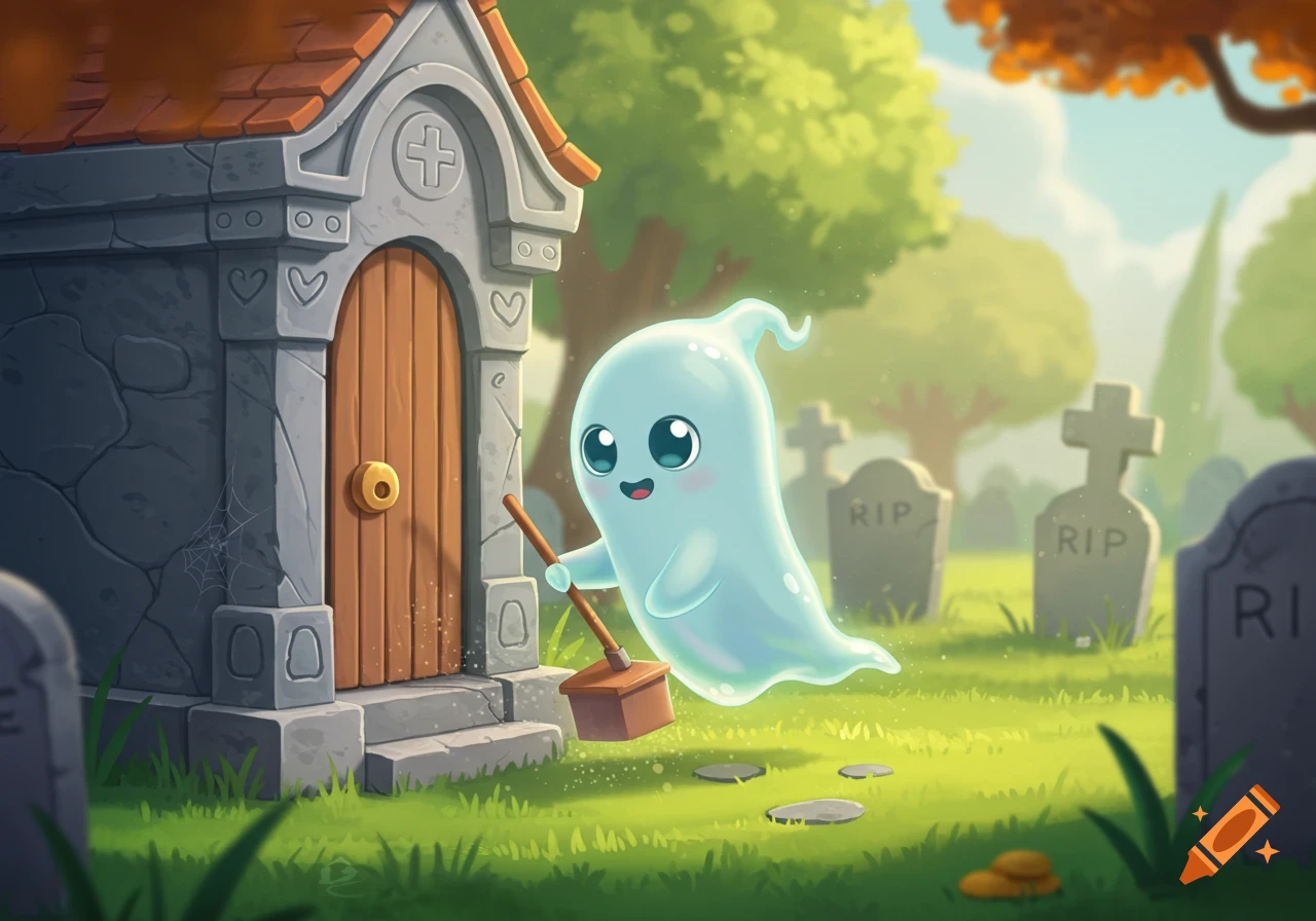 A cute cartoon ghost sweeps outside a crypt in a sunny graveyard.