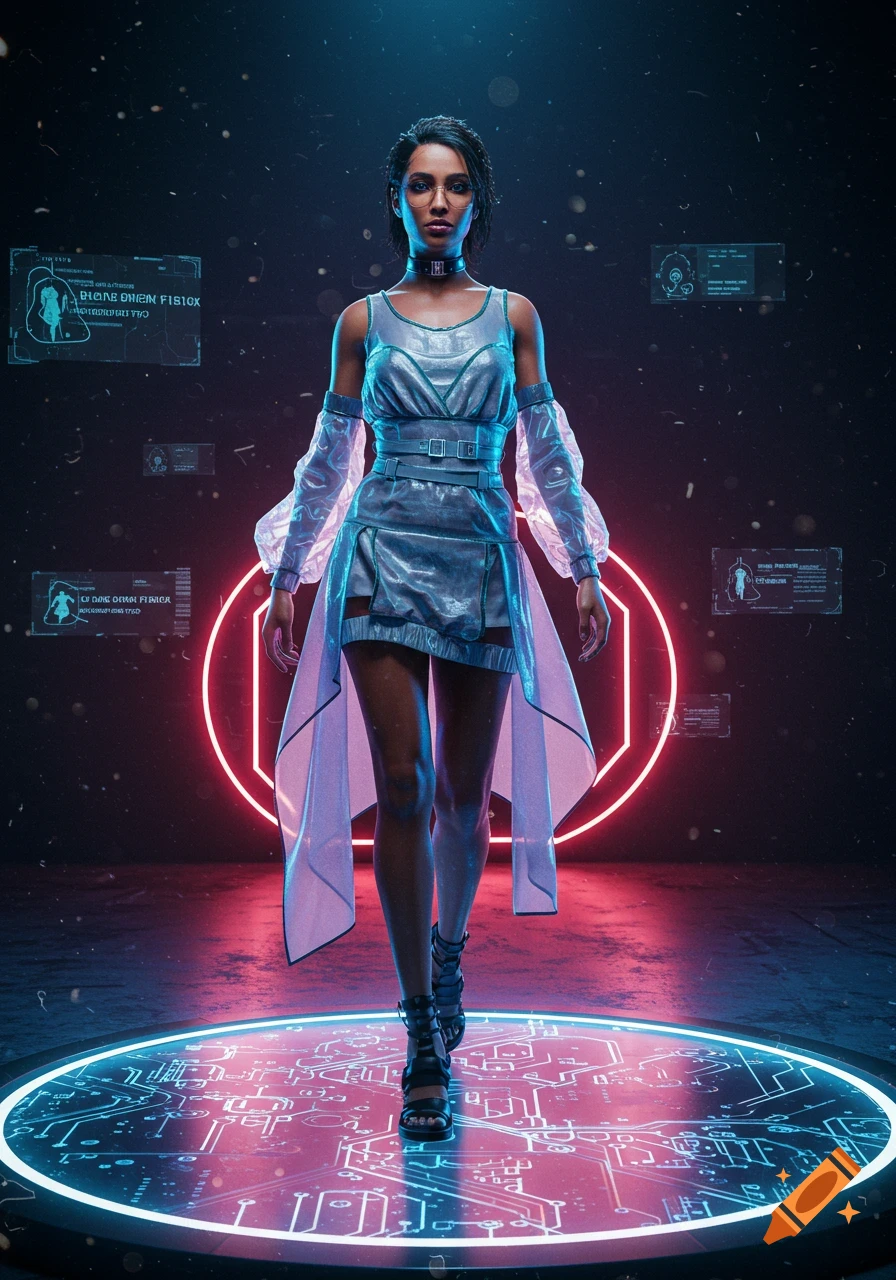 Cyberpunk woman in futuristic fashion on a light-up runway stage with neon elements