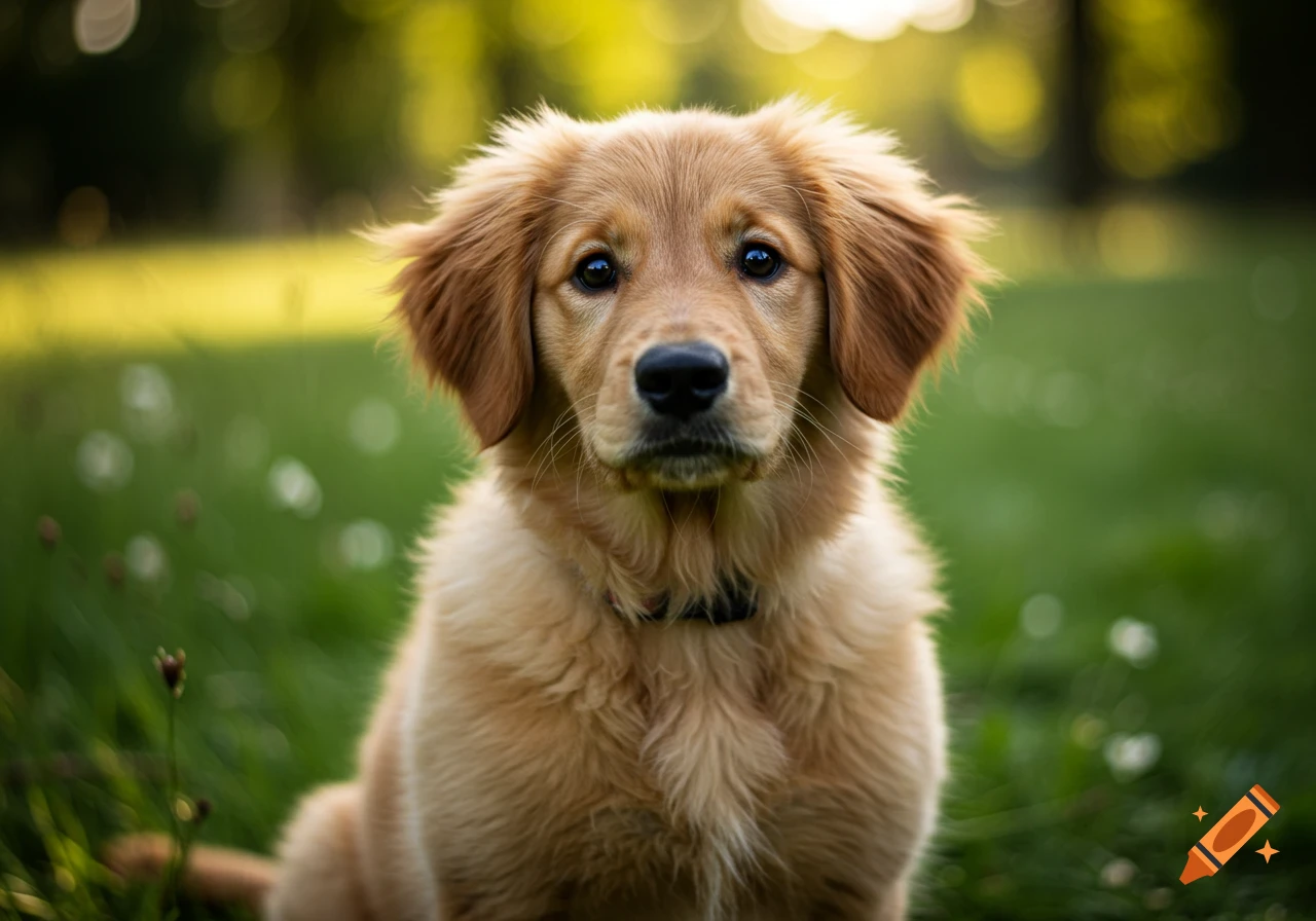 Close-up portrait of a cute golden retriever puppy sitting in grass outdoors with shallow depth of field.