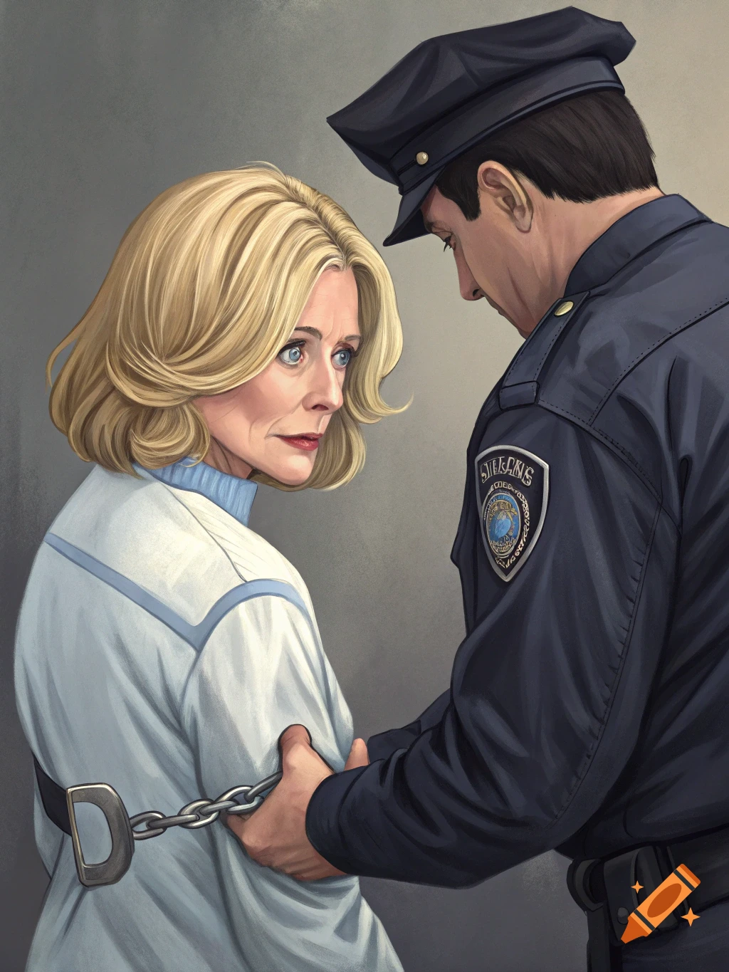 Illustration of a blonde woman being arrested by a police officer.