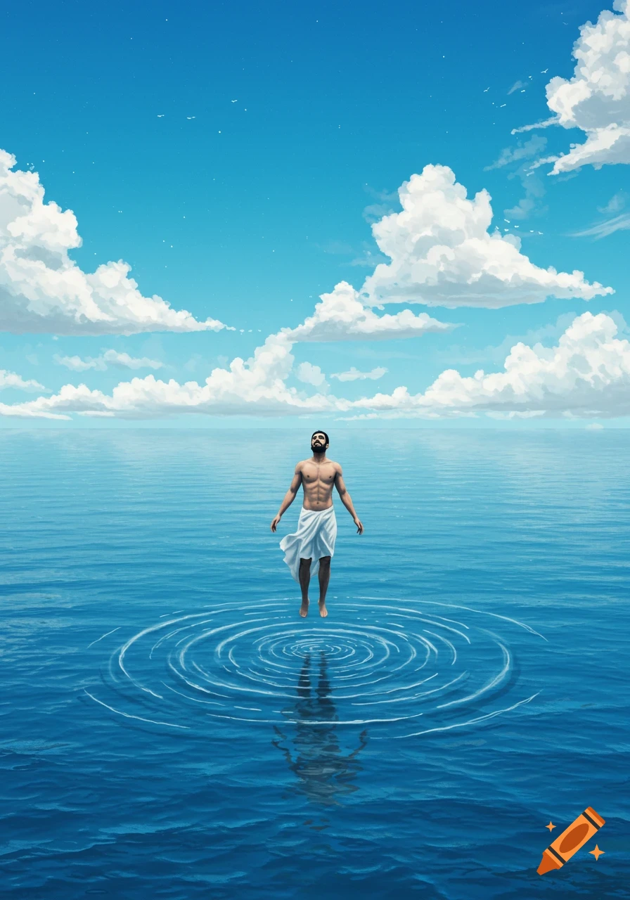 An illustration of a man floating above blue water with ripples, under a cloudy sky.