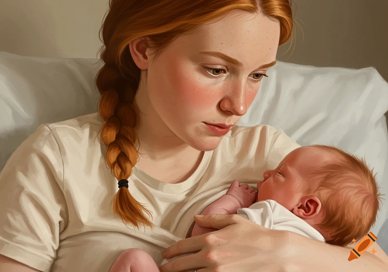 Close-up digital painting of a woman with red hair holding a baby.