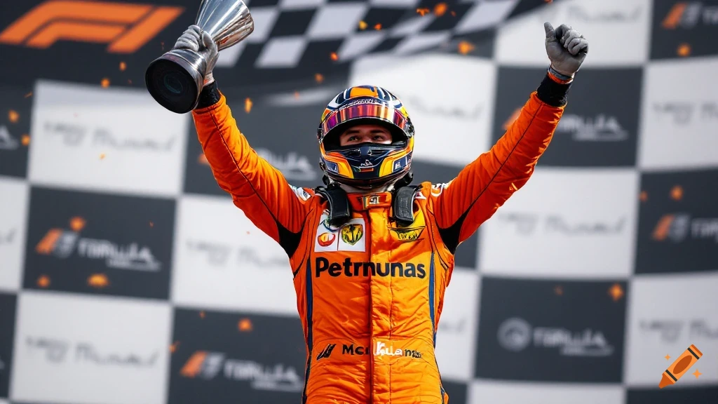 Formula 1 driver in orange suit celebrates on podium with trophy.