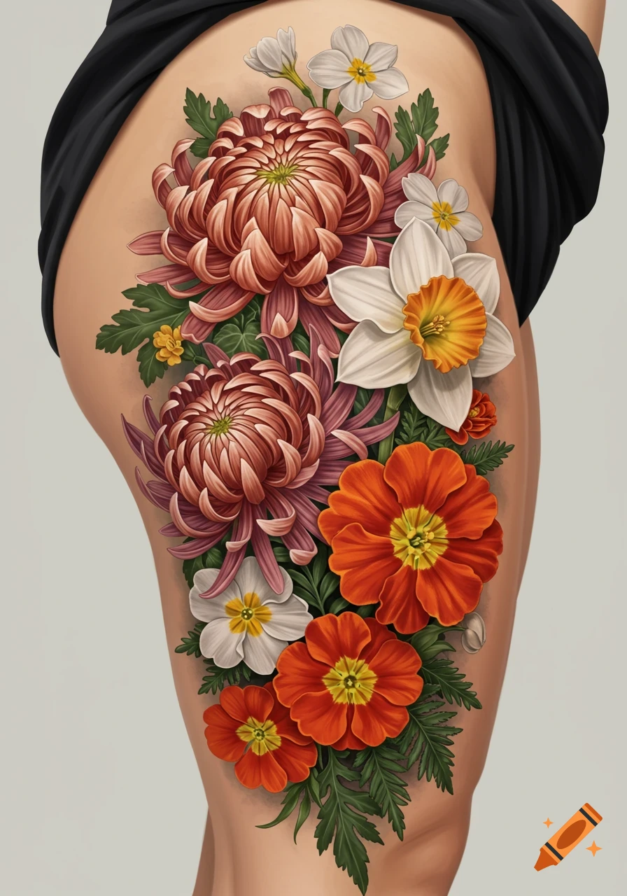 Floral tattoo featuring chrysanthemums, primroses, marigolds, and narcissus on a thigh.